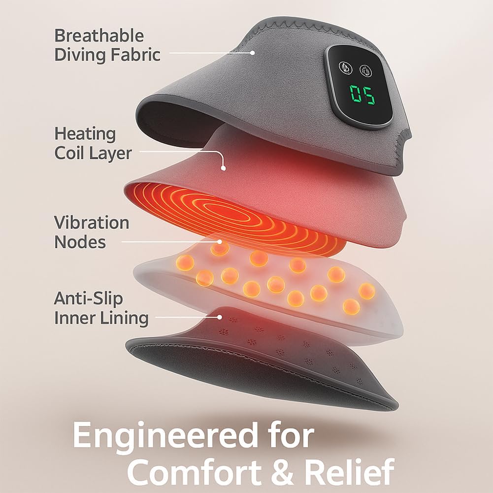 Exploded view diagram of the ZAIREG XBL-8688 foot massager showing its layers: breathable diving fabric, heating coil layer, vibration nodes, and anti-slip inner lining.