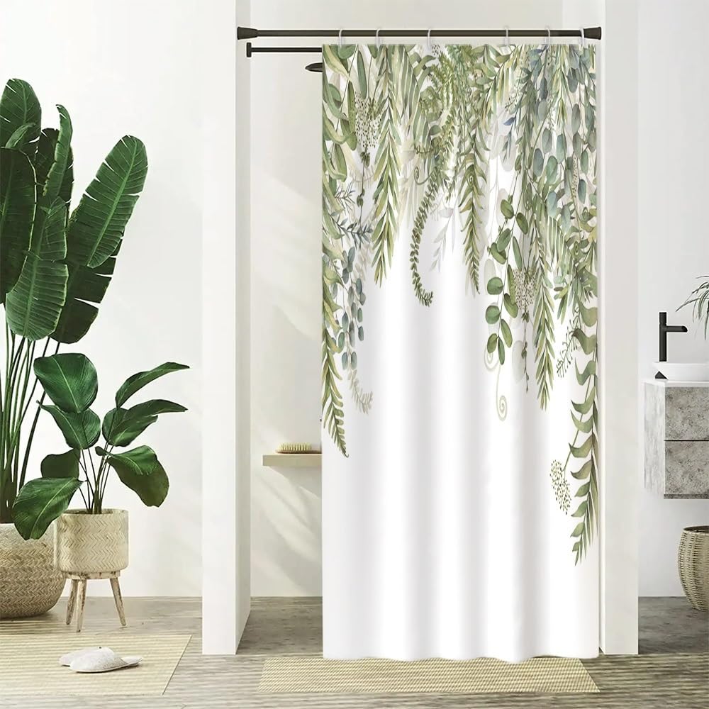 Uiiooazy Cortina de Ducha de Eucalipto, Cortinas de Ducha Hoja Verde Planta Cortinas de Baño Antimoho Impermeable Lavable Poliéster Tela Juego de Cortinas de Ducha con 12 Ganchos 90x180cm