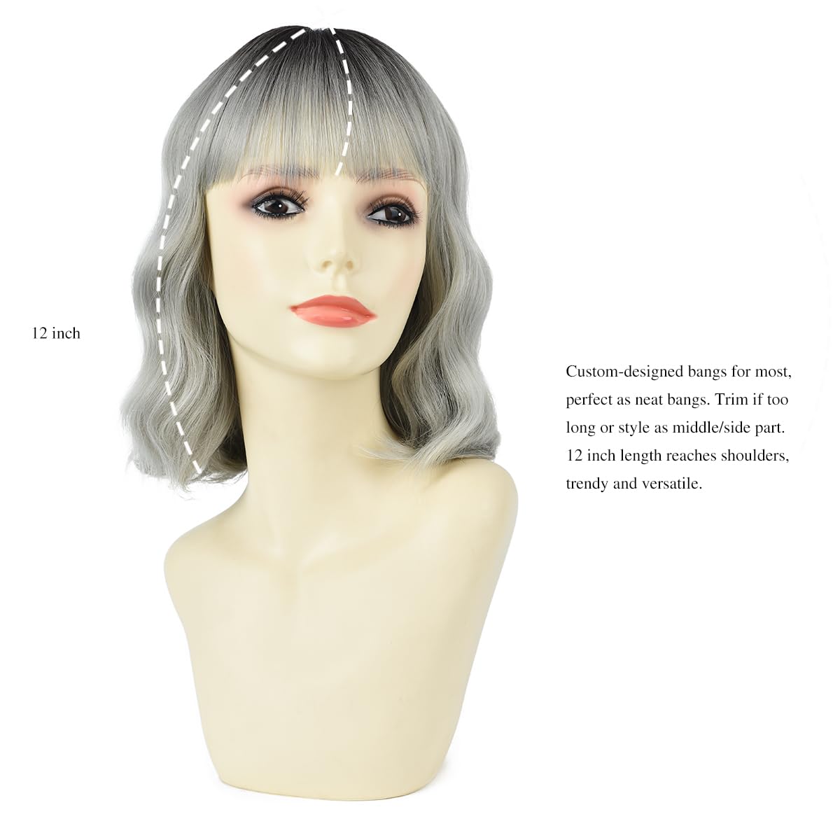BUYOGET Wavy Bob Wig with Bangs Synthetic Hair Shoulder Length 12 Inch Short Curly Wigs for Women Silver Gray - Image 2