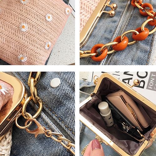 Kisslock Purse for Women Floral Embroidery Straw Woven Clutch with Chain Strap Crossbody Shoulder Bag3