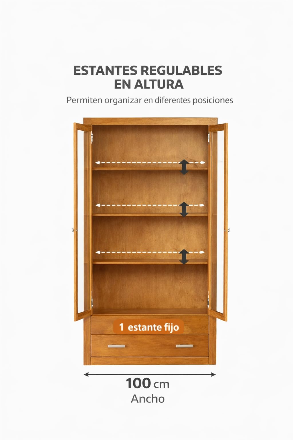 Vitrina 2 Puertas Y Dos cajones, Serie Kalpe. Medidas 200X100X37 (Alto-Ancho-Fondo). Realizada en Madera de Pino Macizo. (Cerezo)