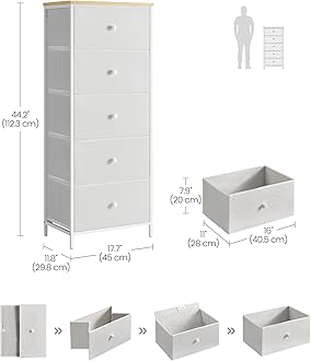 SONGMICS Chest of Drawers Bedroom, Drawer Storage Unit, Dresser with 5 Fabric Drawers, Metal Frame, Tall and Slim, for Closet, Camel Yellow and Cream White LTS315W01
