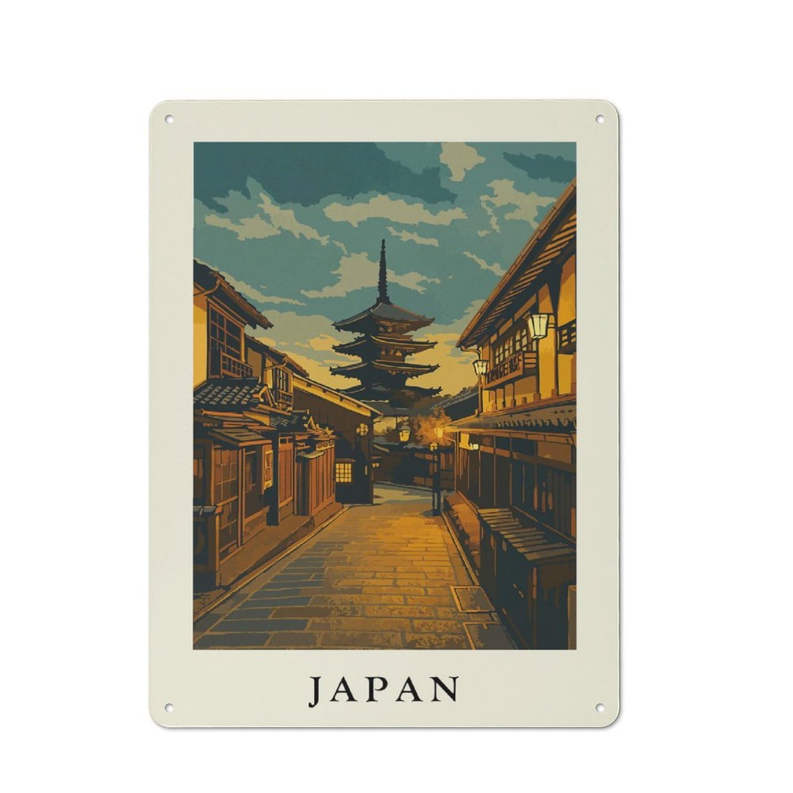 Junmoney Style-11 Japanese Pagoda Street Scene Illustration Rustic Printed Metal Sign 40X30cm For Garage Or Workshop, For Garage, Workshop And Man Cave Decoration