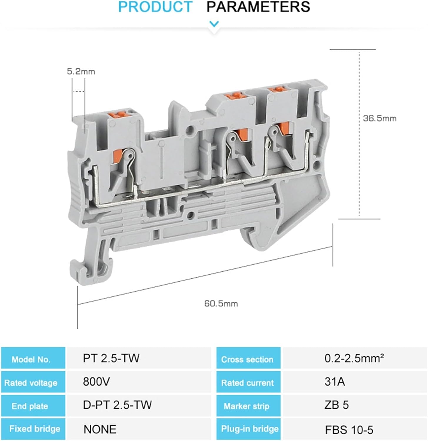 10Pcs PT2.5-TW PT 2.5-TW Push-in Twin 3-Conductor Feed-Through Strip Wire Electrical Connector Din Rail Terminal Block PT 2.5 TW