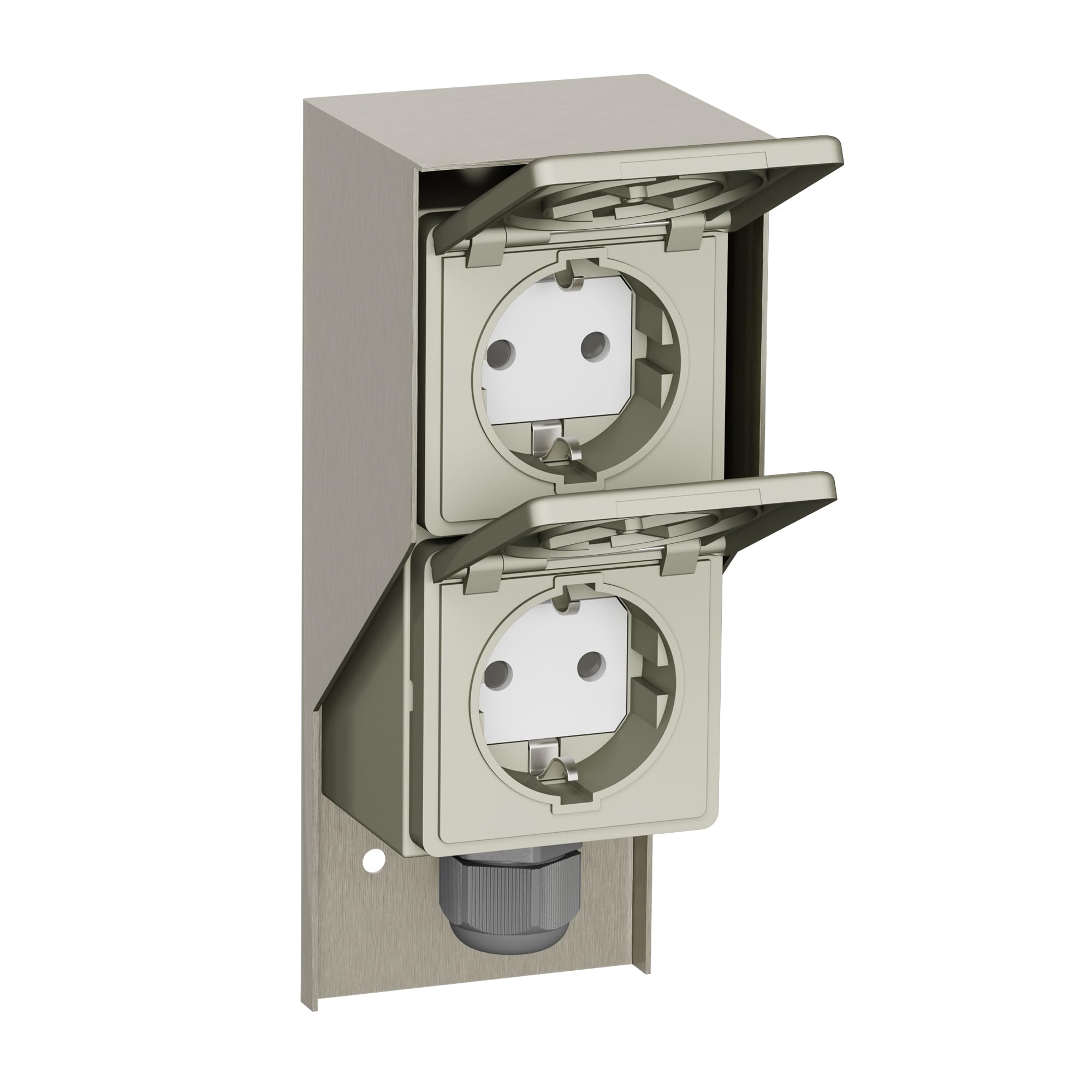 ledscom.de 3 tomas de corriente para exteriores y ambientes húmedos PIWI, montaje en superficie, IP44, doble toma Schuko, 16 A/230 V, acero inoxidable, plástico, vertical