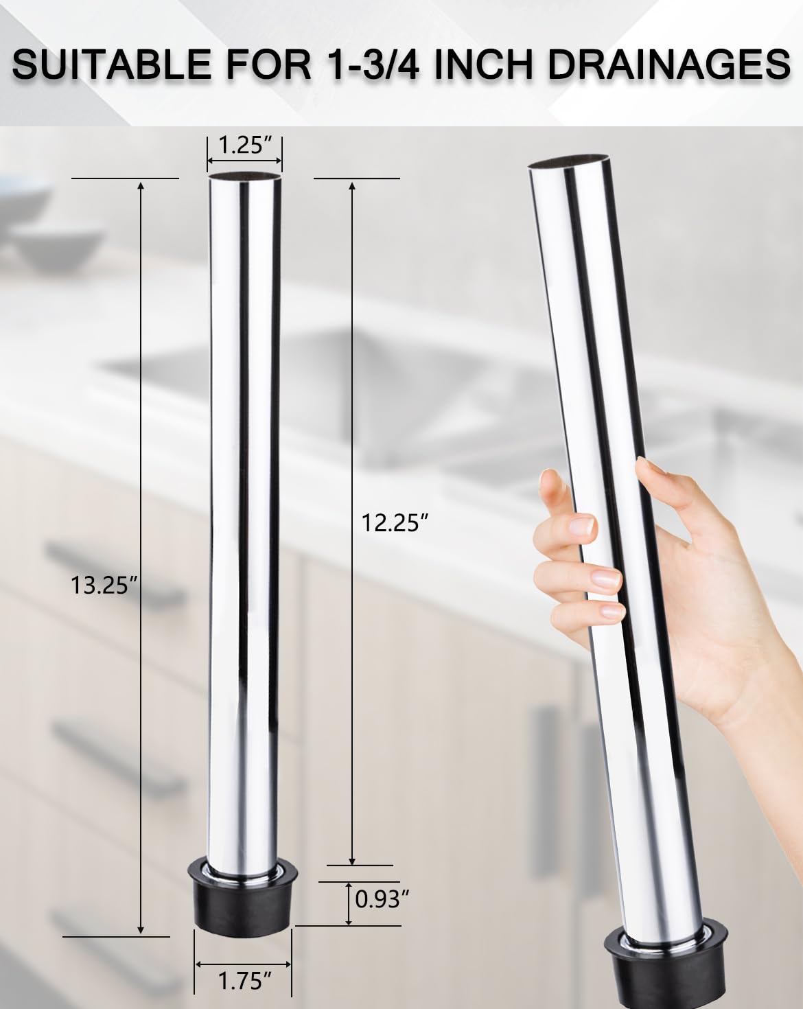 Tubo de desbordamiento de fregadero de barra de acero inoxidable de 12.25 pulgadas para desagües de 1.75 pulgadas, tubo de drenaje de fregadero de baño con 3 compartimentos, tapón de fregadero