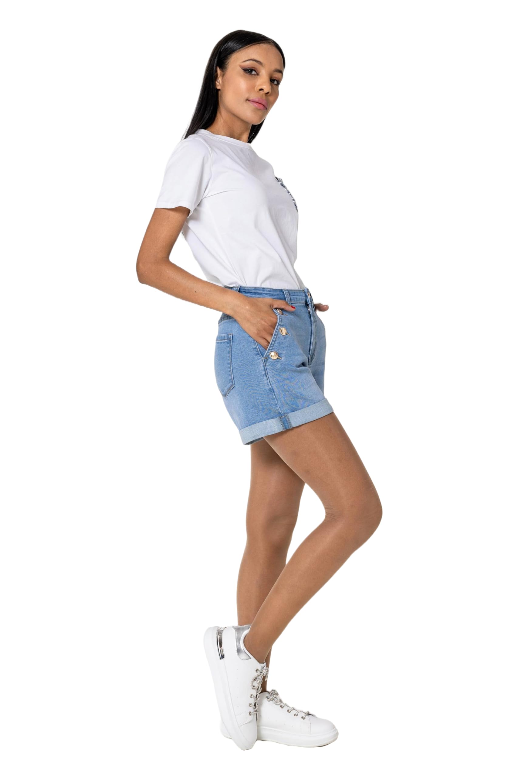 Nina Carter Pantaloncini da donna a vita alta, in jeans, look usato, eleganti pantaloncini estivi in denim