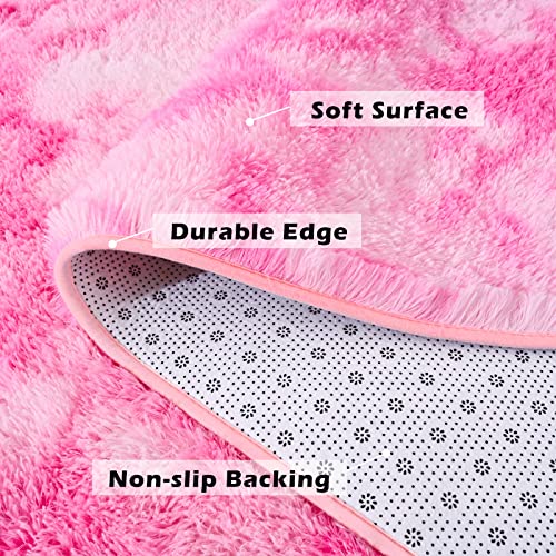 Merelax Soft Shaggy Rug For Kids Bedroom, Oval 2.6'X5.3' Plush Fluffy Rugs For Living Room, Furry Carpet For Teen Girls Room, Anti-Skid Fuzzy Comfy Rug For Nursery, Cute Baby Play Mat,Tie-Dyed Pink #TOP3