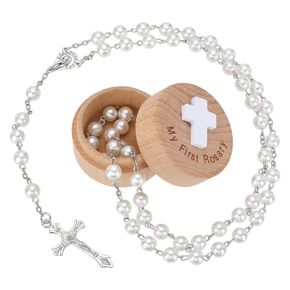 FINGERINSPIRE Mi primer rosario con caja de recuerdos, redondo, de madera, 73 cm, rosario blanco para la primera comunión, set de regalo católico para mujeres y hombres, viajes, ropa diaria