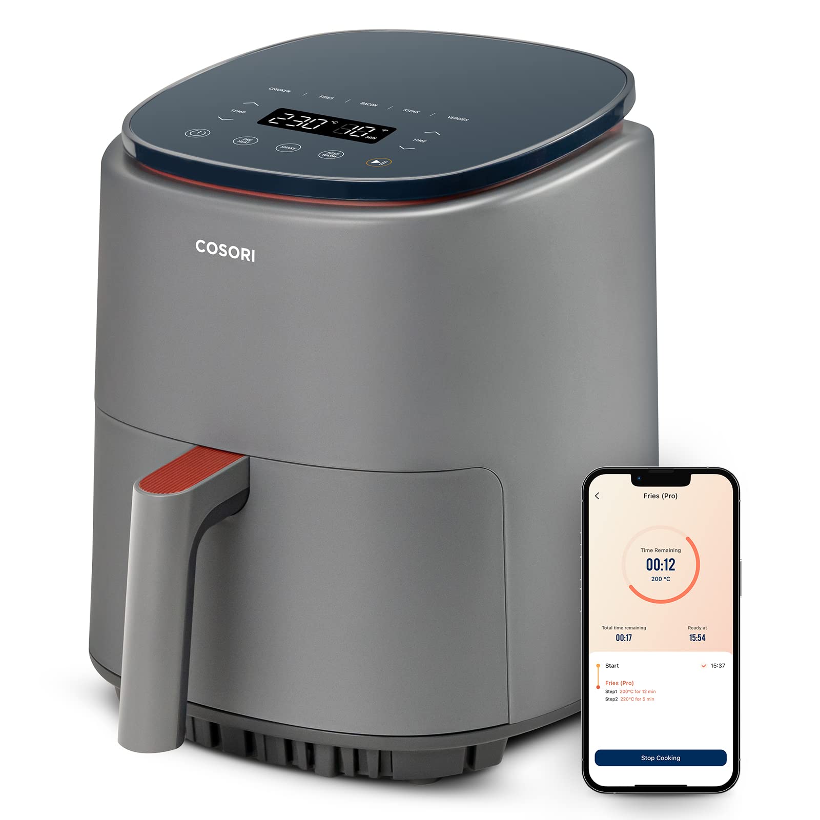 COSORI Air Fryers Lite 3.8L, 75-230℃, Amazon Exclusive, 7 Cooking Functions, Smart Control, 1500W, 1-3 Portions, Free with 140+ Online Recipes Cookbook, Dishwasher Safe, Grey