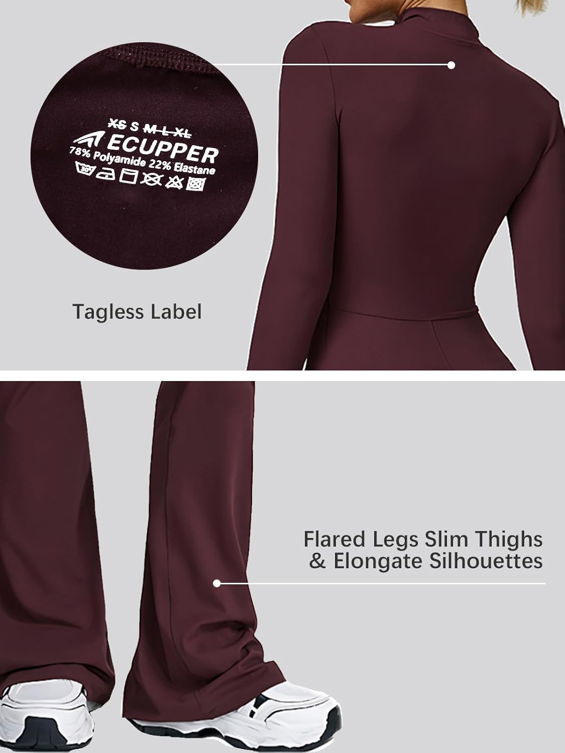 ECUPPER Women Long Sleeve Flared Jumpsuit Zip Up Romper One Piece Full Bodysuits Yoga Unitard Wide Leg Sexy Catsuit - Image 4