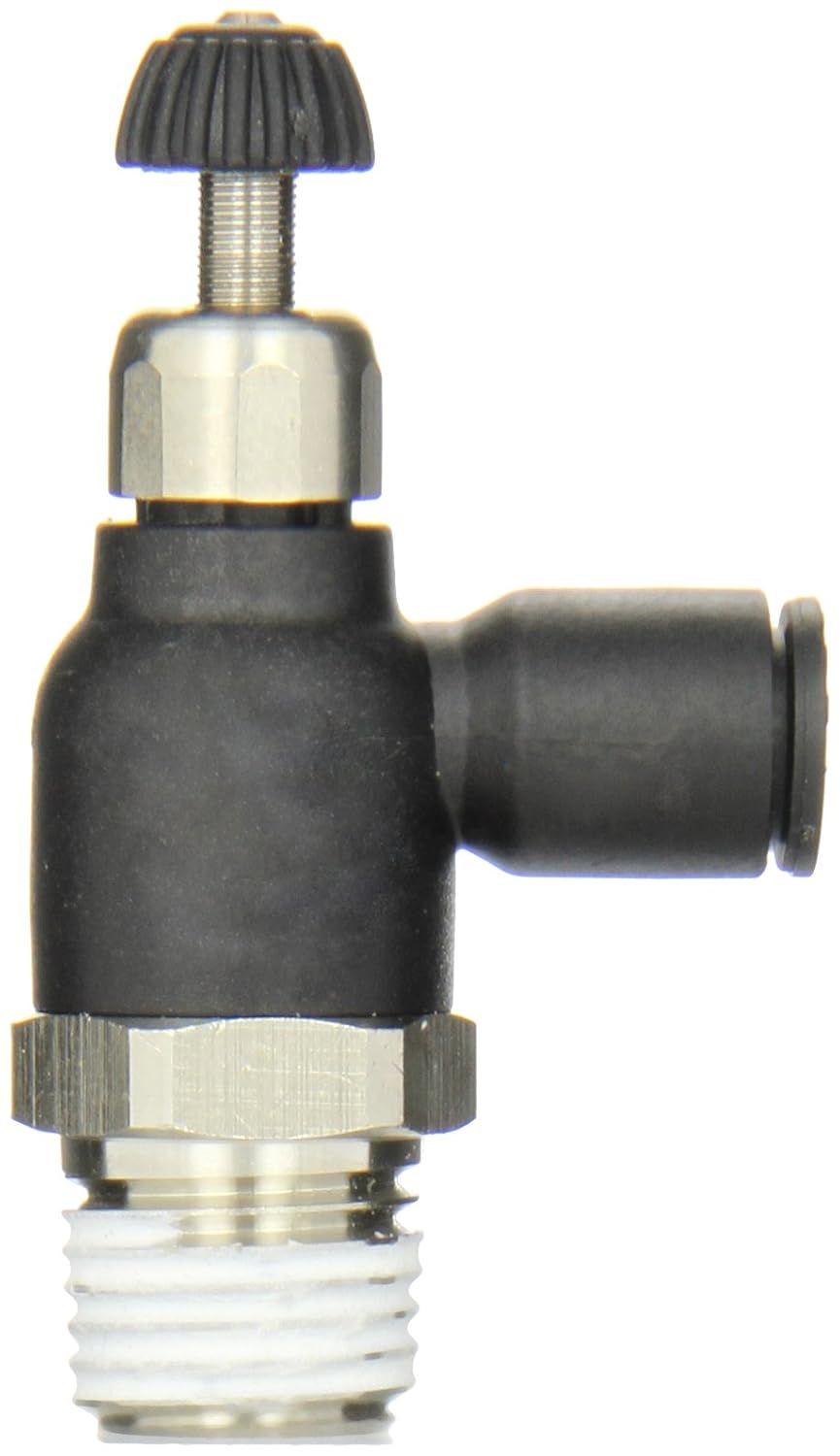 Legris 7065 56 14 Nylon Air Flow Control Valve, 90 Degree Elbow, Meter-Out, Knob, 1/4" Tube OD x 1/4 NPT Male