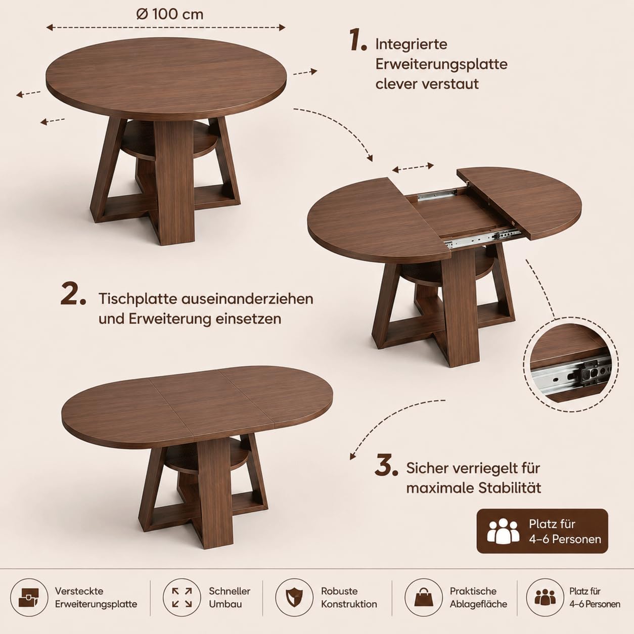Tavolo da pranzo allungabile, 100/140 x 100 x 75 cm (larghezza x profondità x altezza), tavolo da cucina salvaspazio, tavolo da pranzo in legno, tavolo da giardino allungabile per cucina e