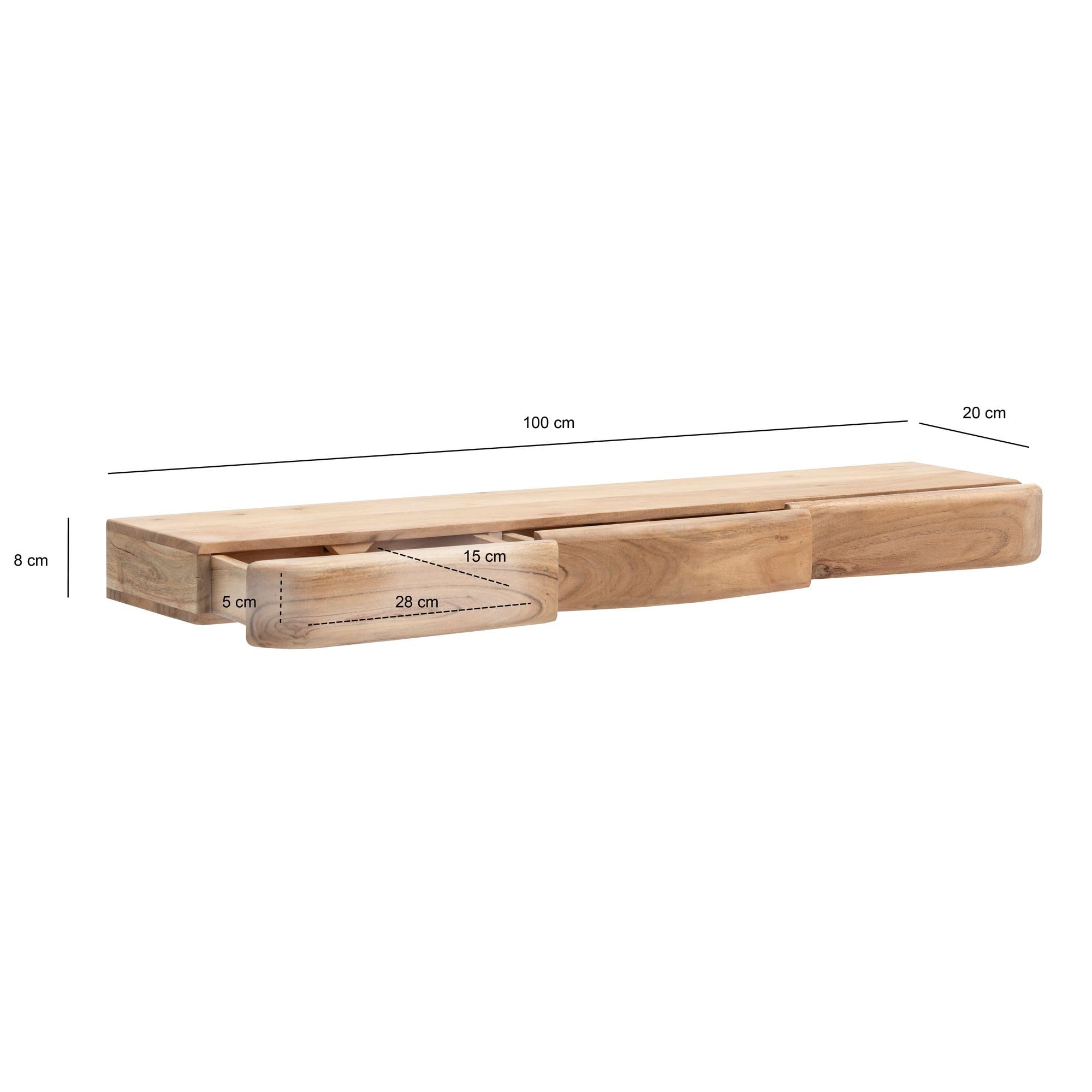 FineBuy Wandregal Akazie Massivholz 100cm mit DREI Schubladen - Design Regal für die Wand - Holz Wandboard mit Stauraum - Schwebendes Hängeregal aus Echtholz