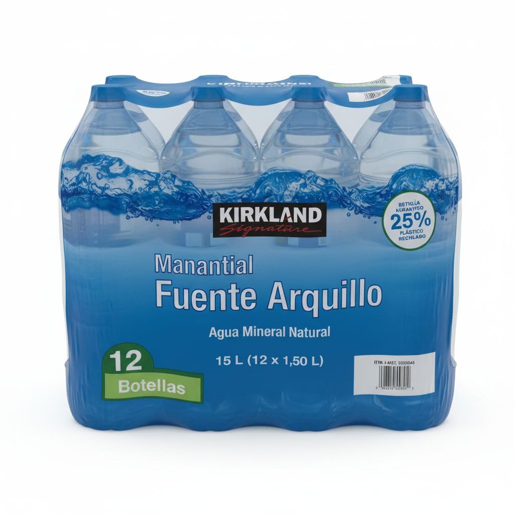 Agua Mineral Natural Manantial Fuente Arquillo -Kirkland Pack de 12 Botellas de 1,5L (Total 18L) - Para Hidratación Familiar y Sostenible- Nexu