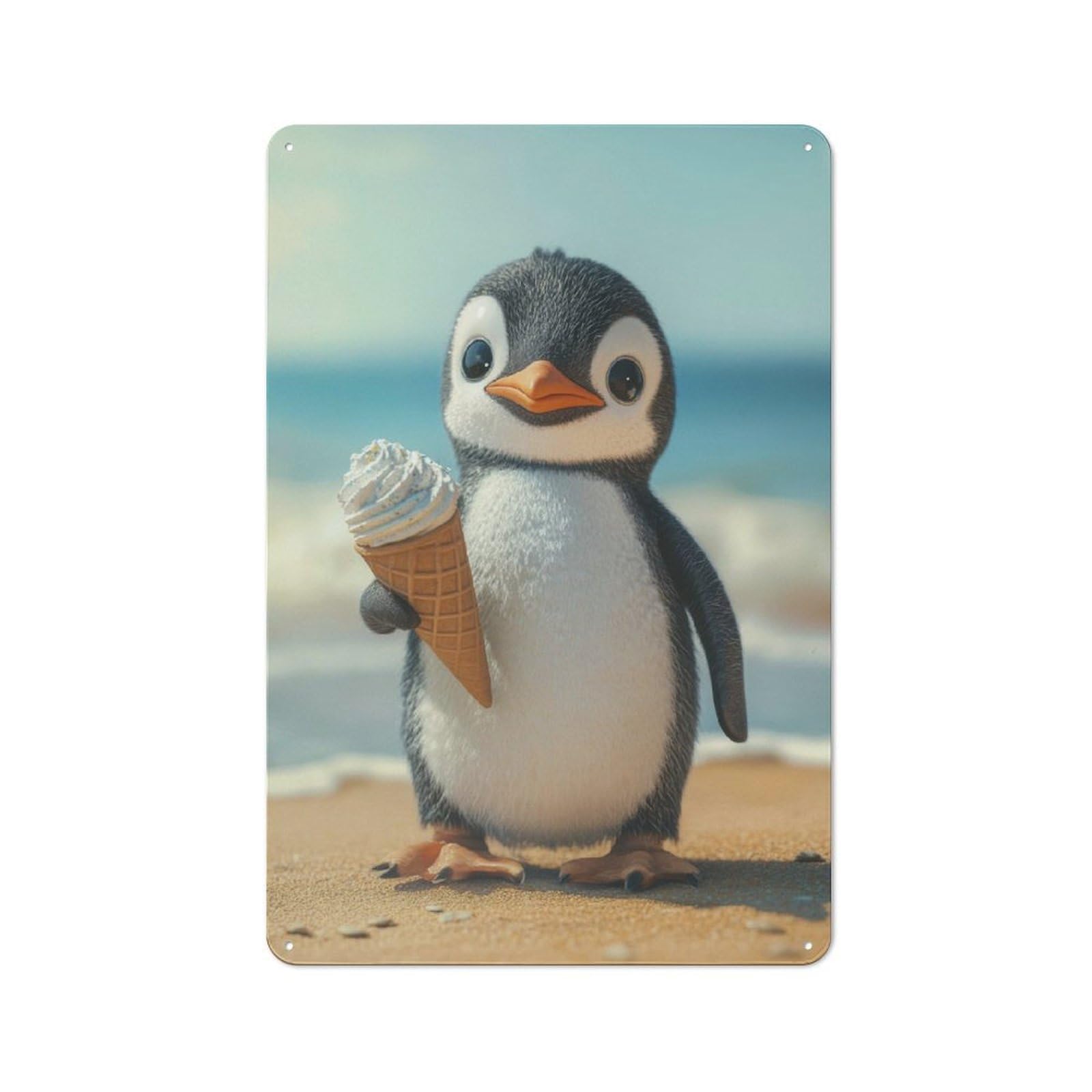 Junmoney Penguin With Ice Cream Cottage Metal Wall Decor 30X20cm, Shed Metal Sign For Patio Bar, Workshop, Shed Or Kitchen