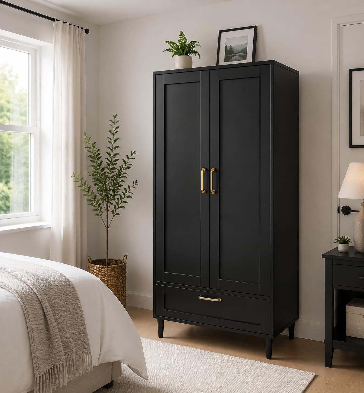 Gdchanyiyi 2 Doors Wardrobe with Drawer, Wardrobes for Bedroom, Black Wardrobe Closet with Adjustable Shelves, Modern Woodn Linen Closet Almirah for Clothes, Freestanding Armoire, Solid Wood Leg