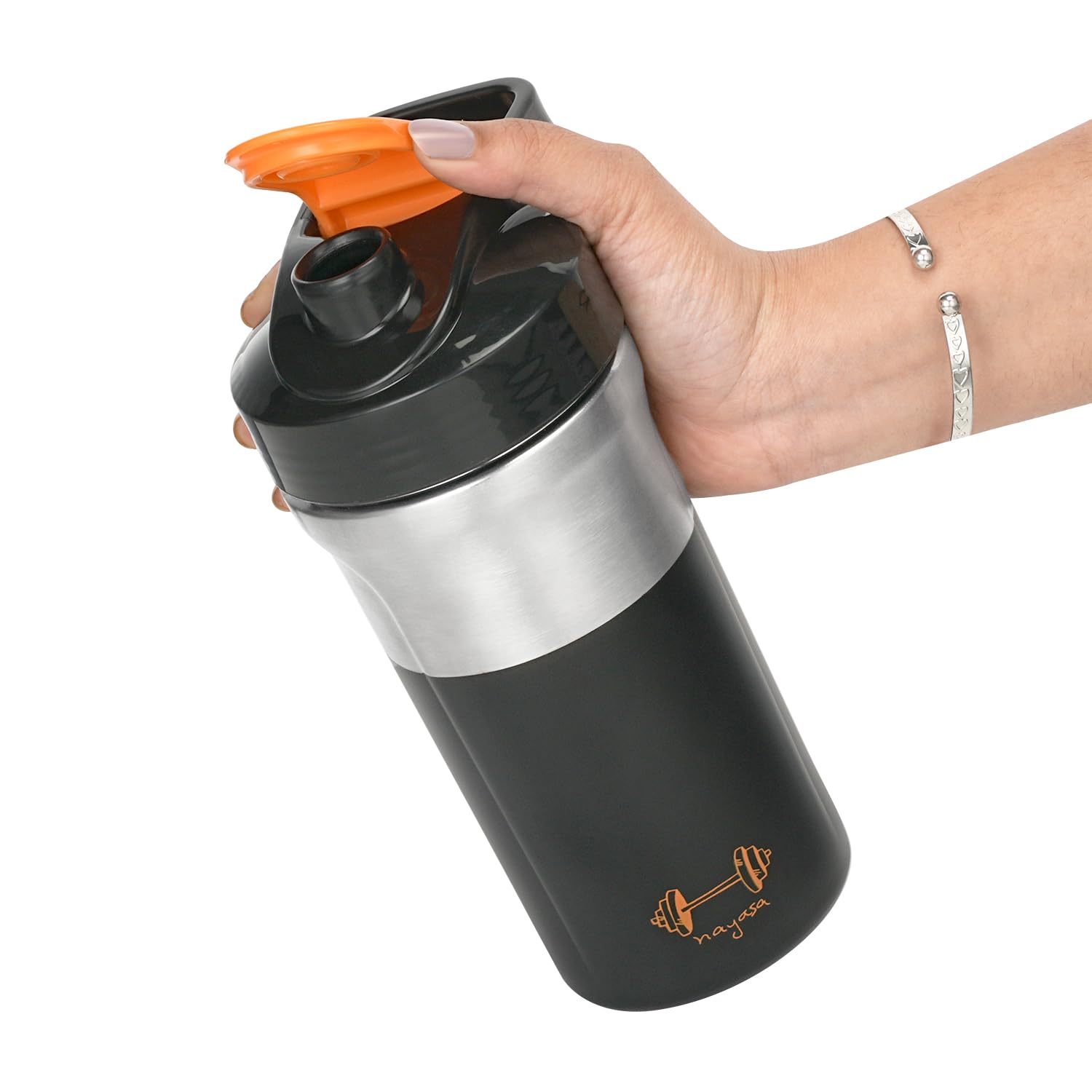 Nayasa Alloy Cross Fit Stainless Steel Gym Shaker Bottle | 900ml | Leakproof & Durable | Pre & Post Workout Shaker Bottle | BPA-Free Sports Shaker for Protein, Smoothies | Gym & Fitness Bottle | Black - Image 5 thumbnail