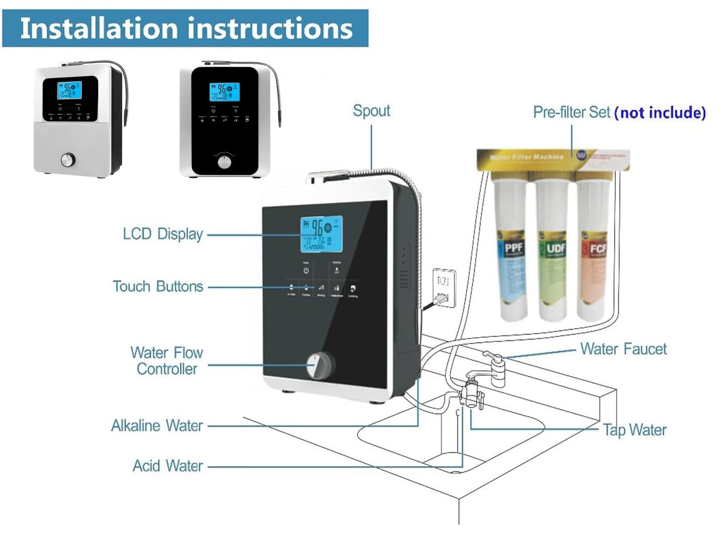Generador de agua con hidrógeno de 2000 W, máquina ionizadora de agua, pH 3-11, ORP de 500 mV-800 mV, limpieza automática, filtro de agua con pantalla táctil LCD,Black-B