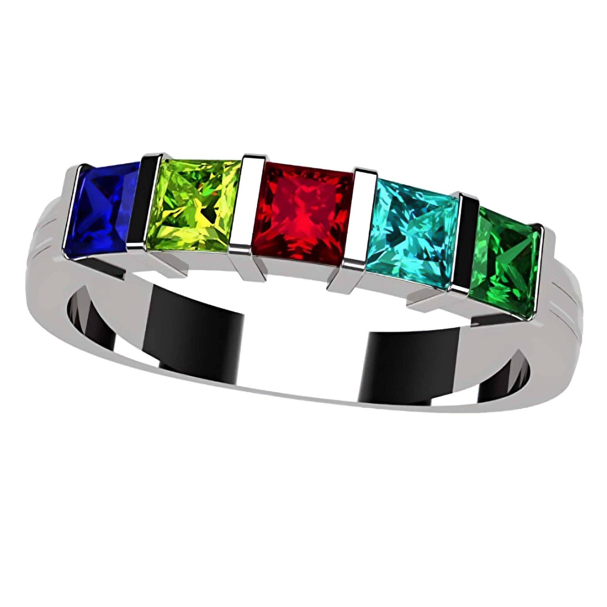 Central Diamond Center Princess Mothers Ring w/ 1 to 6 Simulated Birthstones in Sterling Silver, 10K or 14K Gold