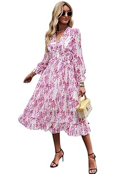 Women's 2024 Midi Dress Long Sleeve Floral Frill Trim