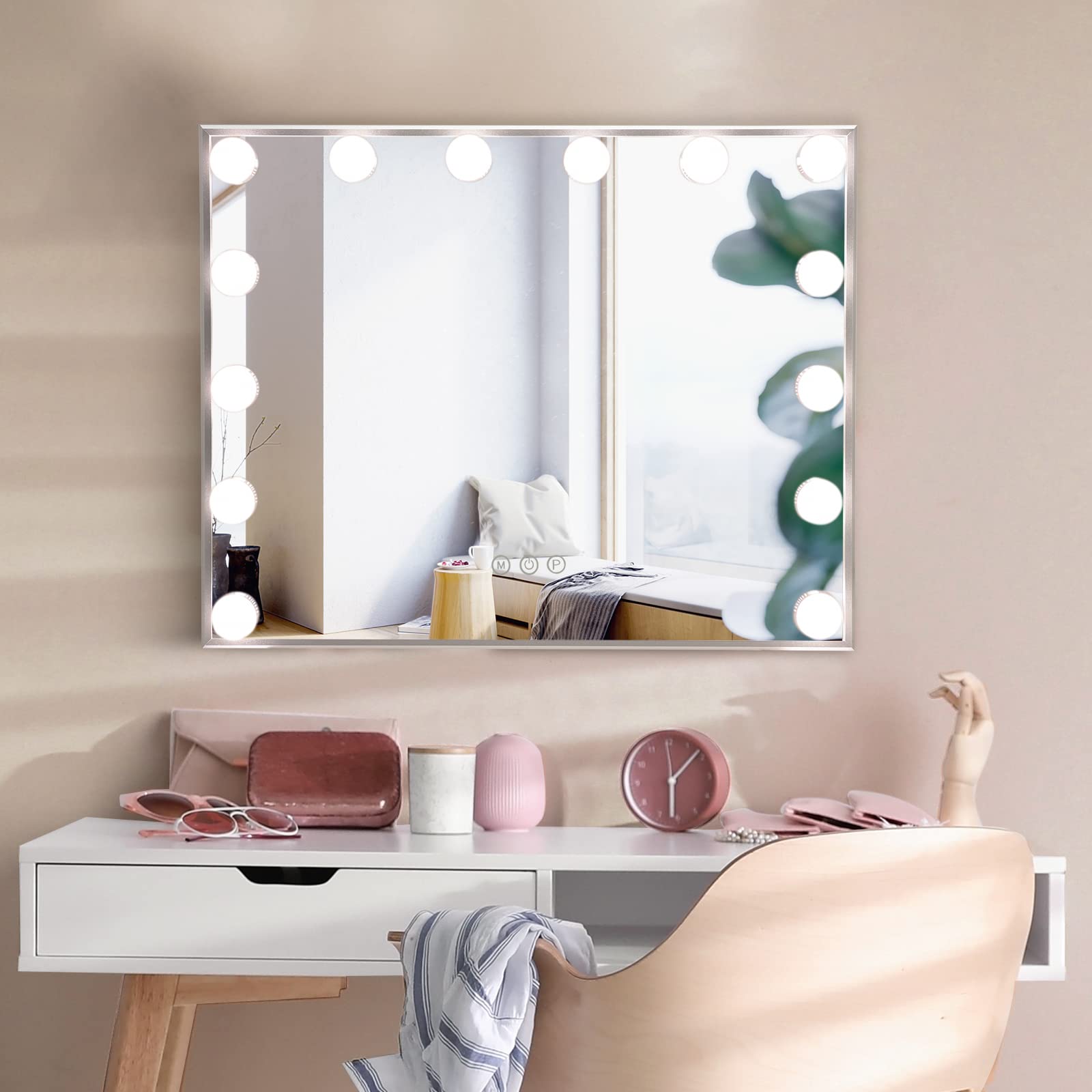 GOPLUS Espejo de Maquillaje Con 14 Luces LED, Hollywood 3 Colores de Luz, 2 en 1 de Pared Con Soporte de Metal, Cosmético Con Táctil Inteligente, 50 x 18 x 43 cm