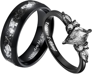 Black Rutilated Quartz Rings for Couples, Mens Meteorite Wedding Band, Personalized Promise Rings for Couples, Engraved Kite Cut Gothic Ring Set