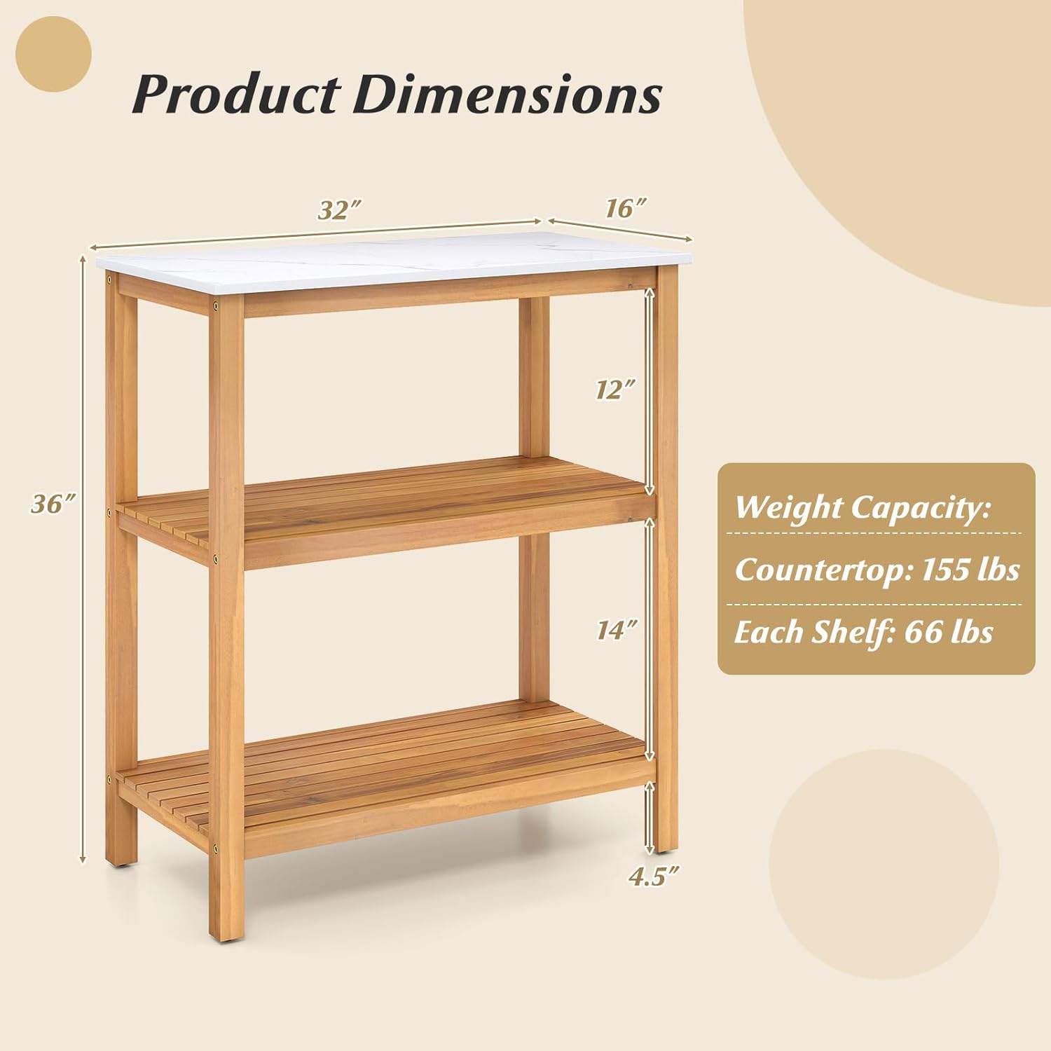 Goplus Patio Wooden Sideboard, 3-Tier Acacia Outdoor Kitchen Buffet Organizer w/Marble-Like Countertop & 2 Slatted Shelves, Garden Potting Bench Table & Plant Stand for Backyard, Garden, Deck