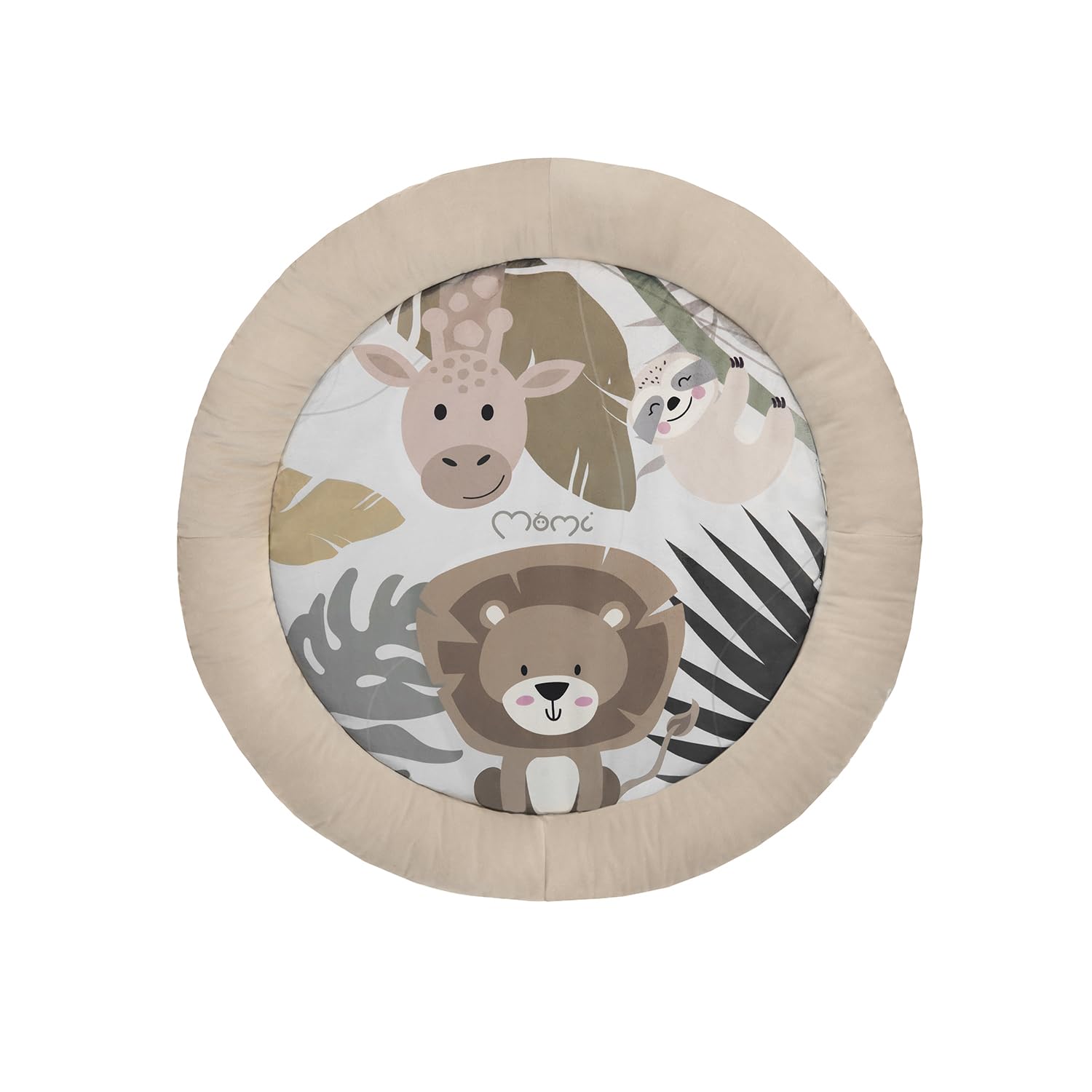 MoMi LUANI Arco de juego con alfombra para gatear, Ø 72 cm (interior), borde alto de 10 cm, 6 juguetes lavables: espejo, juguete con chirrido, jirafa de peluche con sonajero, dos mordedores