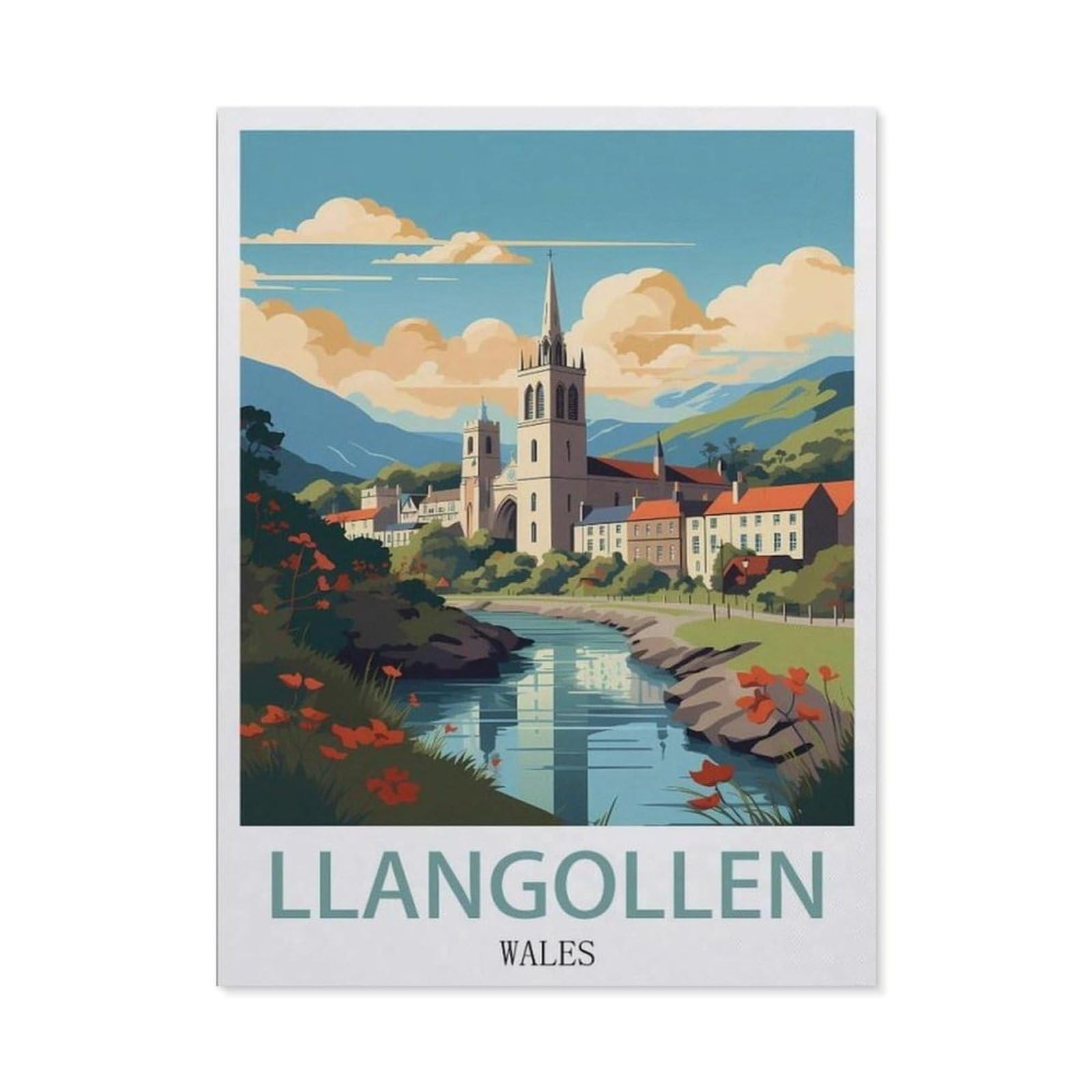 Beayodkp （50 X 60 Cm/19.68 X 23.62 Inches） Diy Diamond Painting，Llangollen Wales Vintage Travel Poster，Cross Stitch Full Drill 5D Embroidery Mosaic Wall Decor Art-Cf23