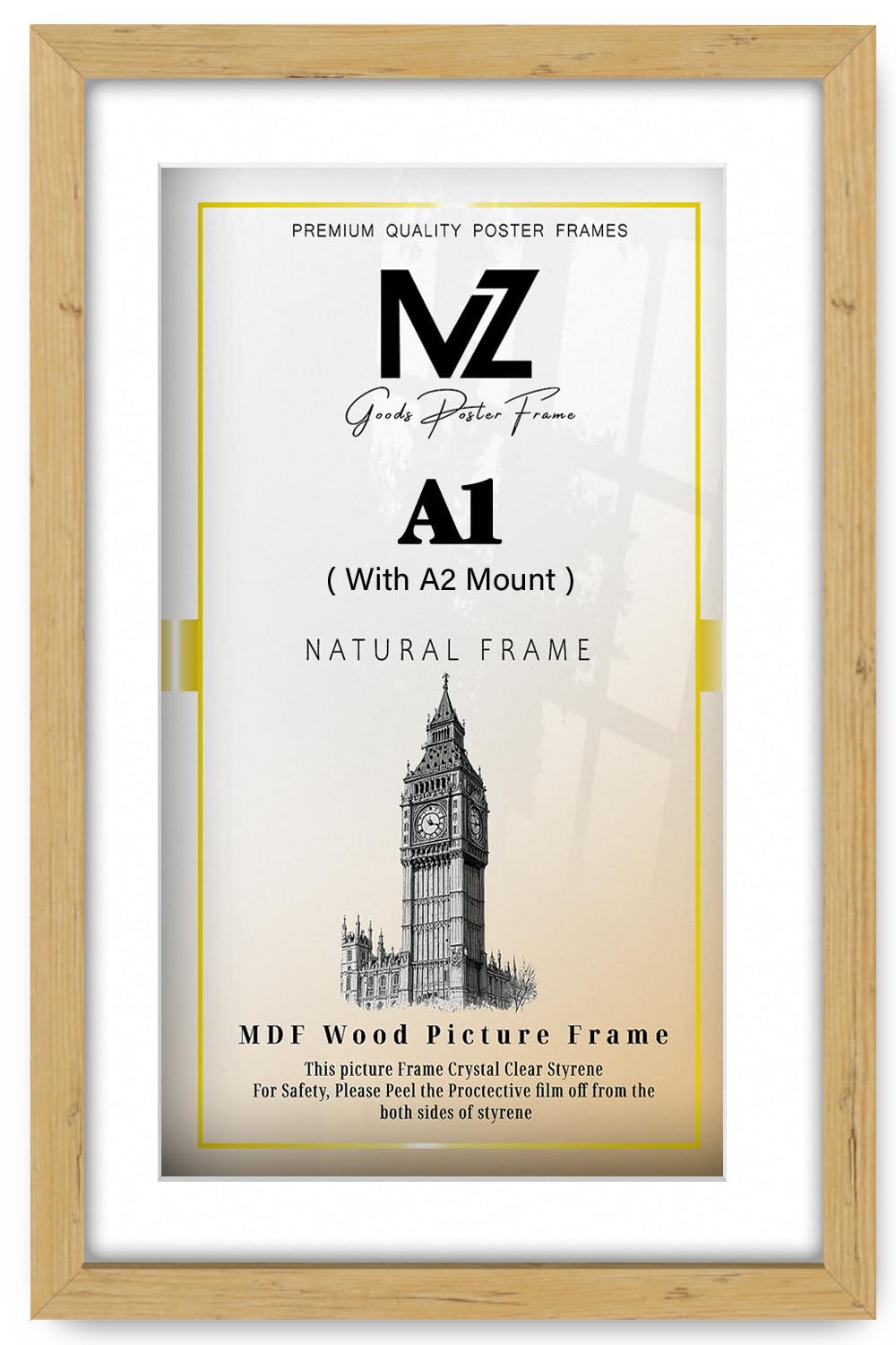 MZ GOODS | MDF Premium Gallery Frame A1 (59.40 x 84.10 cm) With A2 (594 x 419 mm) White Mount Elegant Design | 23" x 33" Diploma, Poster, Picture Frame [ Pine ]