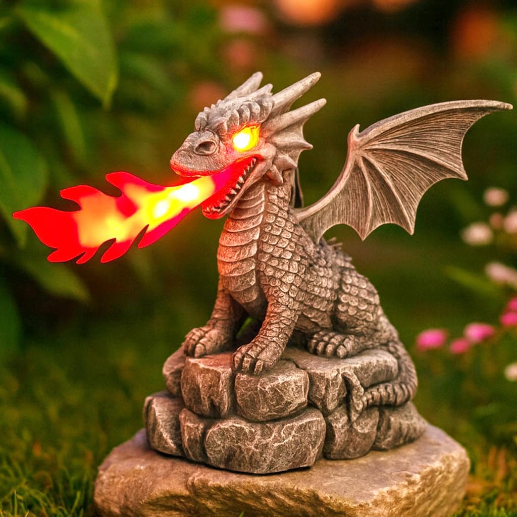 Solar Dragon Statue Outdoor Garden Decor, Weatherproof & Auto-On/Off Dragon Solar Light,Resin Dragon Garden Statue,Funny Dragon Figurine for Lawn Patio Yard Decoration (Dragon Guarding Treasure Chest)