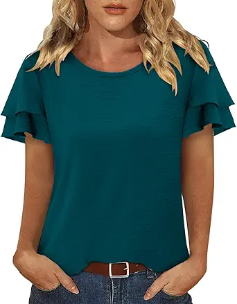 CRAZY GRID Women's Shirts Summer Casual Crewneck Ruffle Short Sleeve Blouses Cute Floral Print Tunic Tops