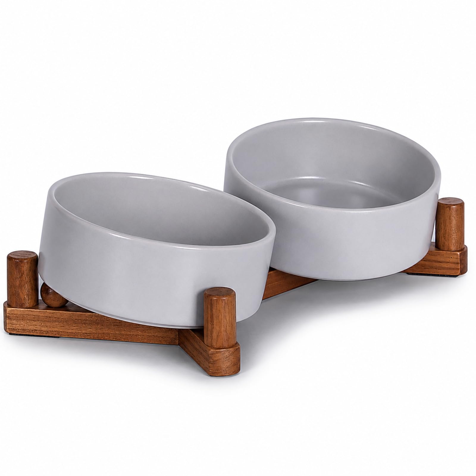 Lot de 2 gamelles en céramique pour chien et chat avec support en bois, bols lestés antidérapants pour nourriture et eau, double mangeoire surélevée pour petits chiens et chats, gamelles en vernis mat