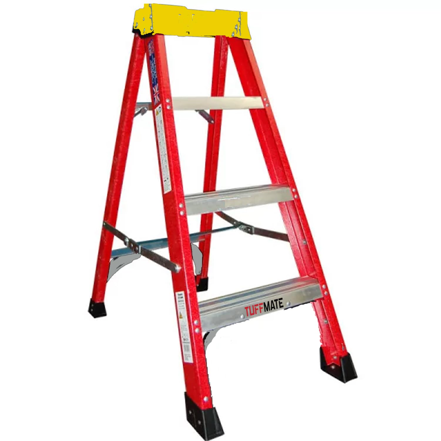 Tuffmate Yellow Electricians Fibreglass Step Ladder 4 Tread 1.2M Heavy Duty Folding Stepladder Lightweight & Non-Conductive, Durable