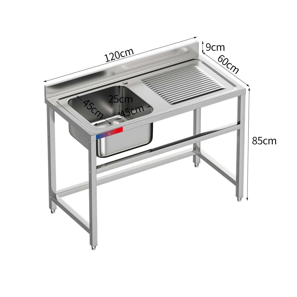 Fregadero Industrial Acero Inoxidable, 1 Seno con Escurridor, 120x60x85cm, Barra de Refuerzo, Peto Sanitario, Patas Regulables, Ideal Hostelería y Profesionales (Sin Grifo, Seno Derecha)