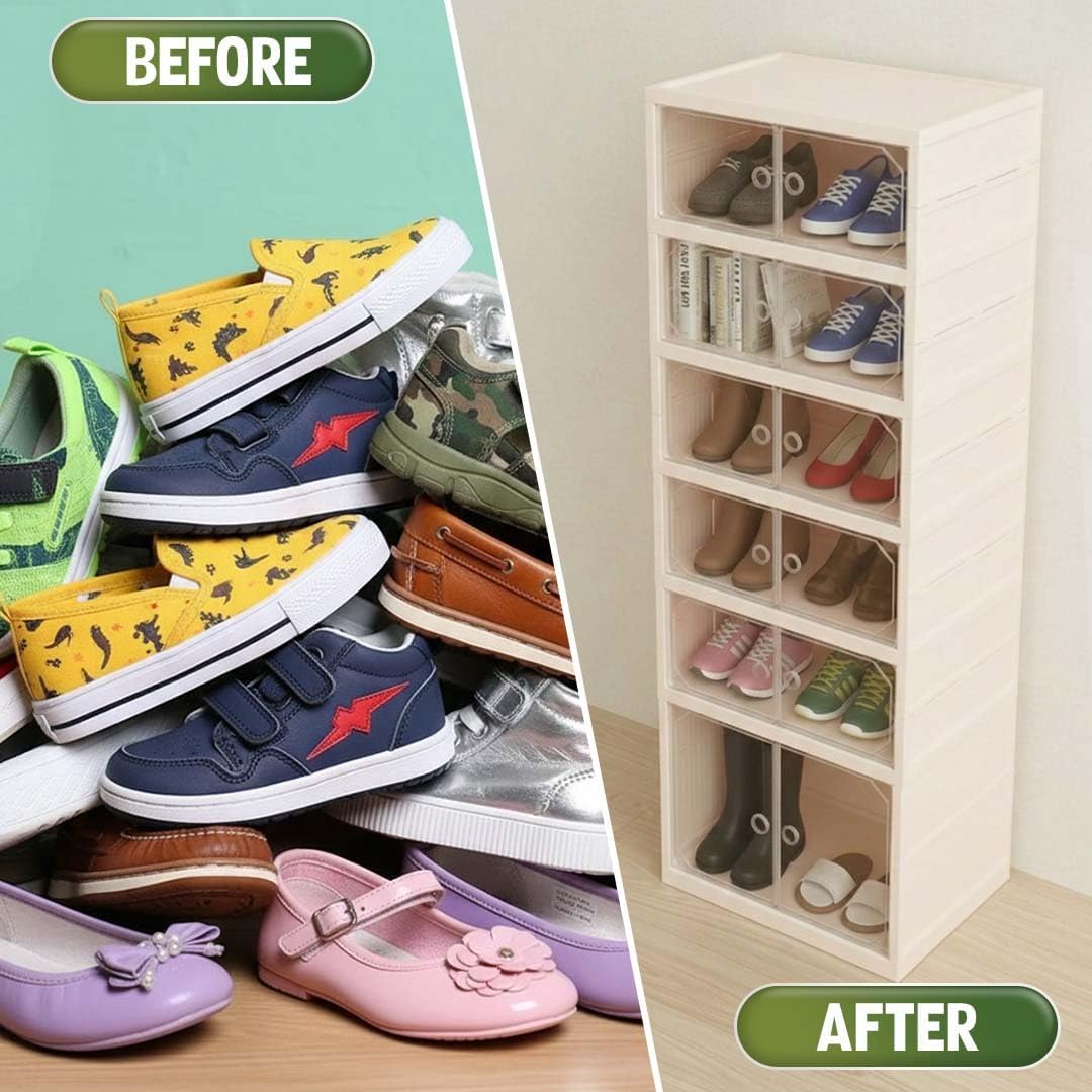 Foldable 6-Tier Shoe Rack Organizer, Large Clear Shoe Storage Cabinet with Magnetic Doors, Heavy Duty Slim Vertical Shoes Rack for Bedroom, Entryway or Garage - Beige (Holds 12 Pairs)