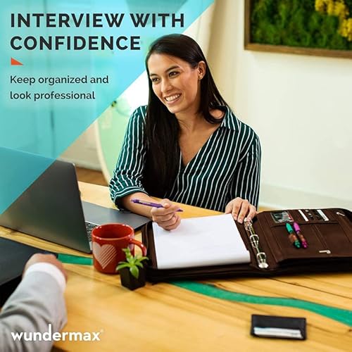 Wundermax Portfolio Binder - 13 X 10.7 X 1.9 Inch, Vegan Leather, 3-Ring Padfolio For Women And Men W/Handle, Zipper, Notepad, Detachable Binder And Pockets For Tablet, Resume And Documents - Brown #TOP2