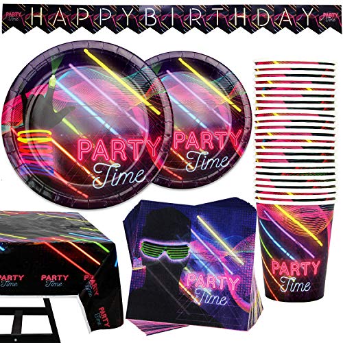 102 Piece Glow In The Dark Theme Party Supplies Set Including Banner, Plates, Cups, Napkins, and Tablecloth, Serves 25, (Does NOT actually glow in the dark)