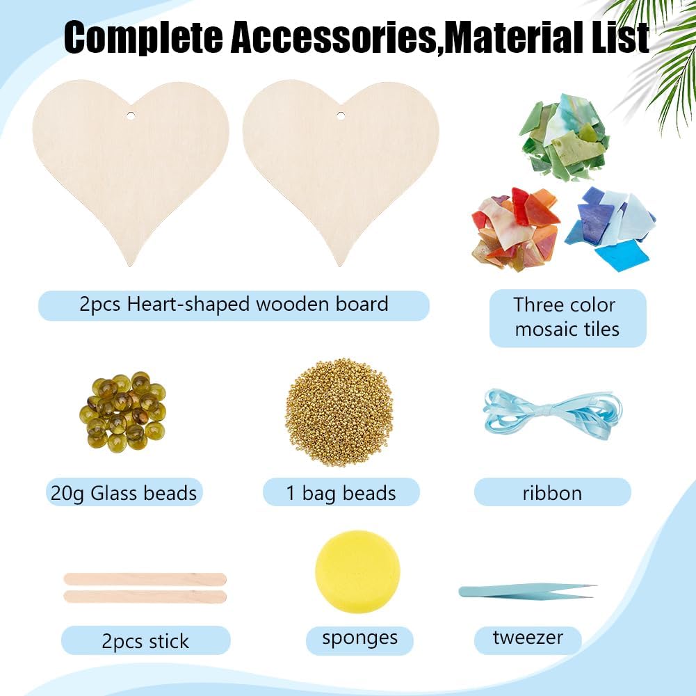 WEBEEDY 2 Sets DIY Heart Mosaic Kit for Adults DIY Mosaics Coaster Art Craft Kit Glass Mosaic Tiles for Craft with Wood Base Ribbon Seed Beads for Christmas Hanging Ornaments Handmade Gift