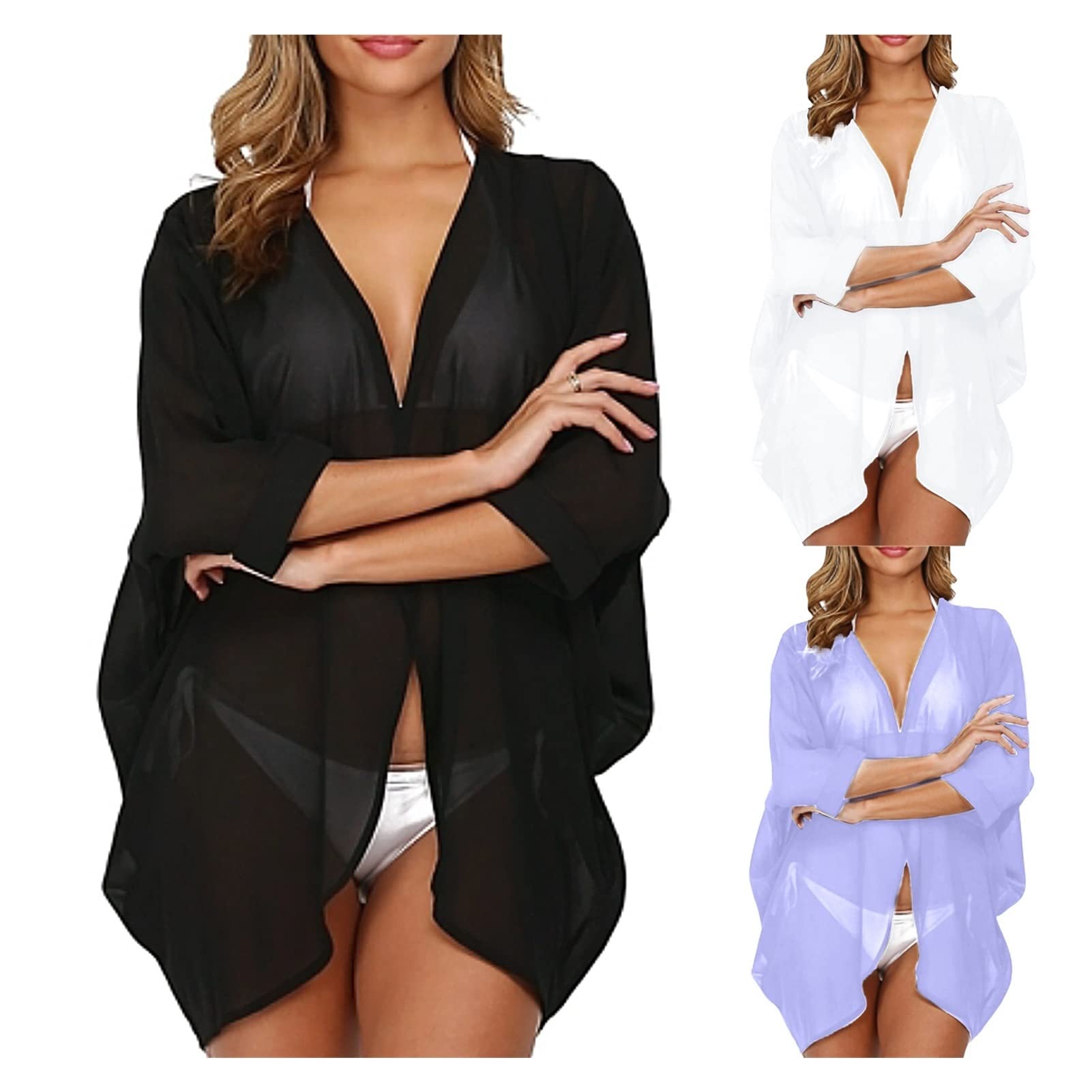 ZZSRJ Coperchio di Costumi da Bagno da Donna su Una Gonna da Spiaggia in Bikini Casual Trasparente Kimono Cardigan Shawl da Bagno Cover up (Color : White, Dimensione : S)