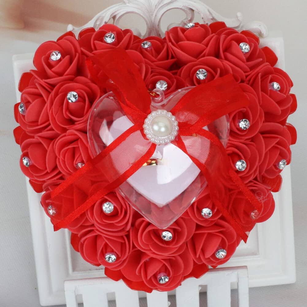Eforcase Wedding Ring Pillow, Heart Shape Ring Box with Lace Pearl Rhinestone Bridal Ring Holder Cushion Roses Ring Holder for Ring Bearer Wedding Ceremony