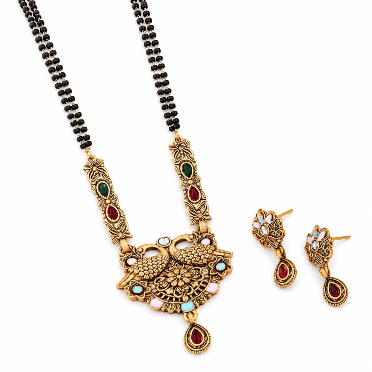 Matte Gold Plated Rajwadi Mangalsutra Set for Women Peacock Pendant AD Stone Long Black Bead Chain Necklace with Matching Earrings Traditional Bridal Wedding Jewelry (1pcs Mangalsutra With Earrings)-image-9