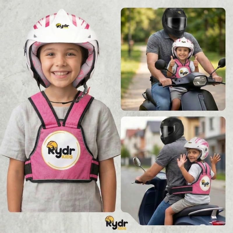 Image of RYDR Motorcycle Safety Harness for Kids | Reflective & Adjustable Two-Wheeler Safety Belt for Boys and Girls (2-12 Years) (Pink, Without Pocket)
