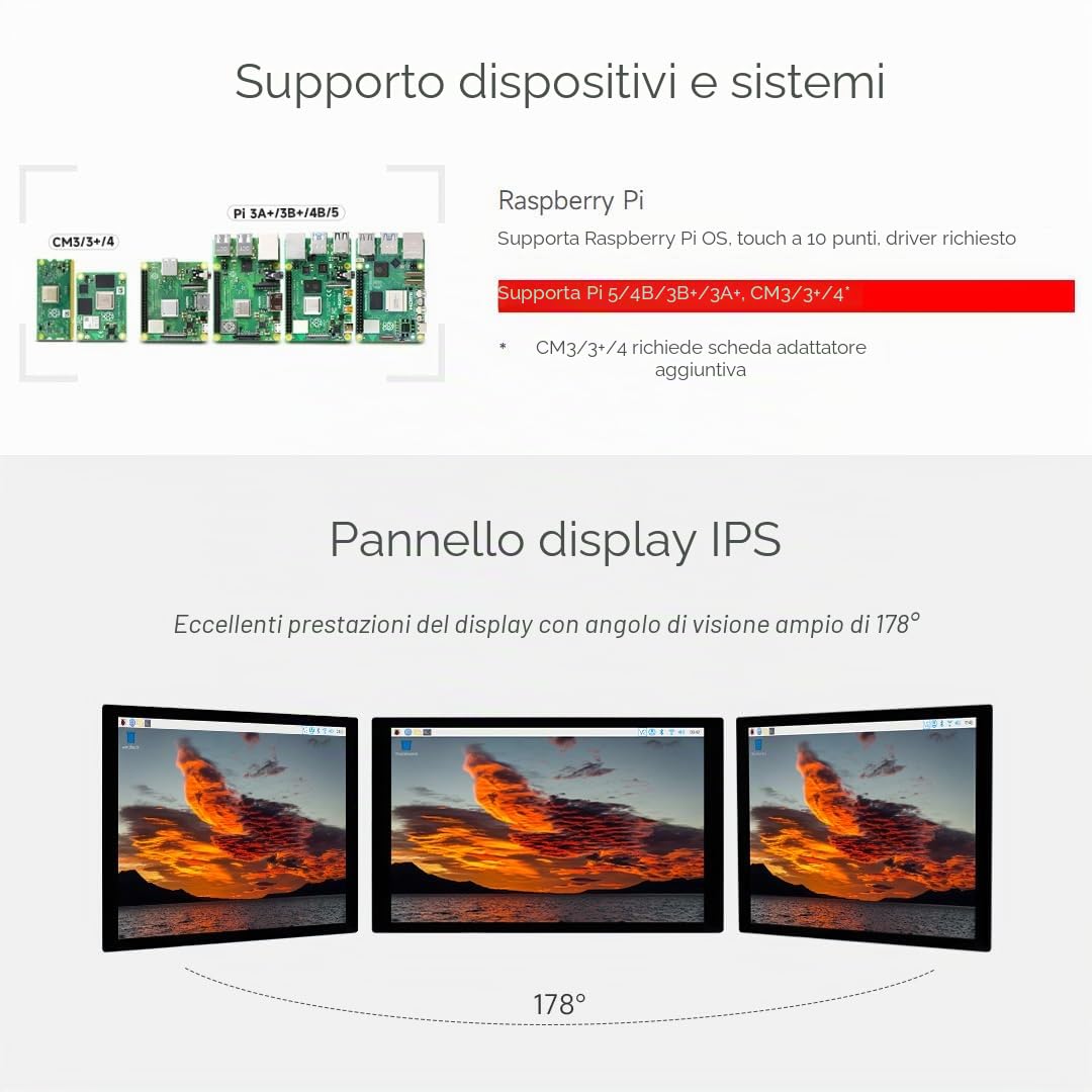 Waveshare Display LCD touch capacitivo da 8 pollici per Raspberry Pi,1280 × 800, pannello di visualizzazione IPS, interfaccia DSI, tocco a 10 punti, a colori, con ampio angolo di visione di 178 °
