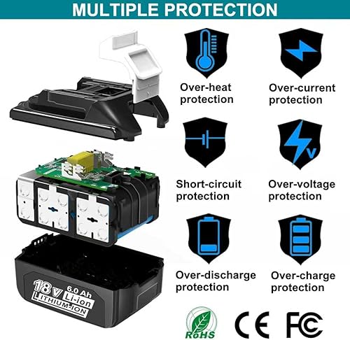 Miniatura 2 de WORTHMAH BL1860 - Batería de repuesto de 6.0 Ah de 18 voltios para Makita batería de 18 V con indicador LED BL1815 BL1860 BL1830 BL1850B-2 LXT-400