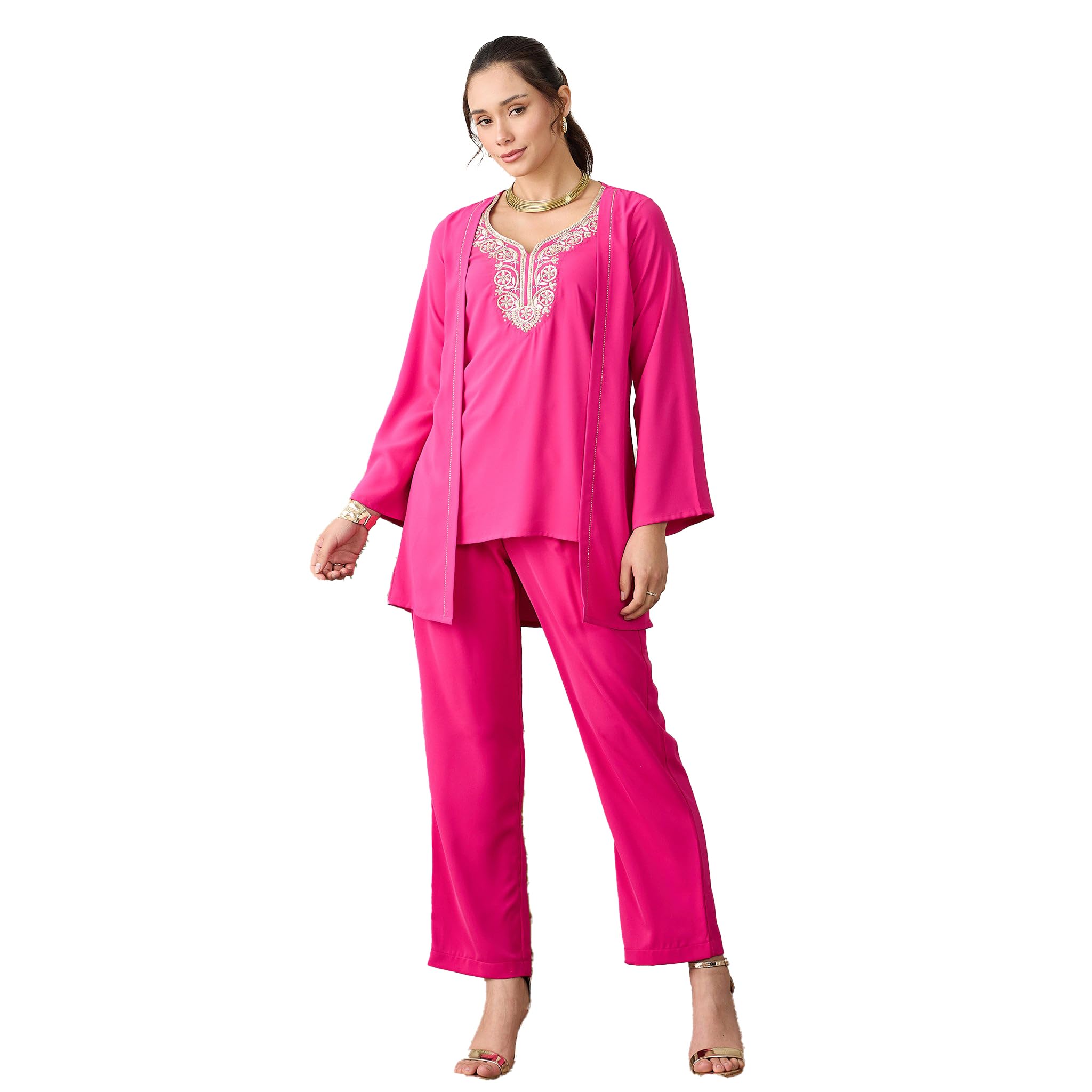 pink yoke embroidered top with pants set