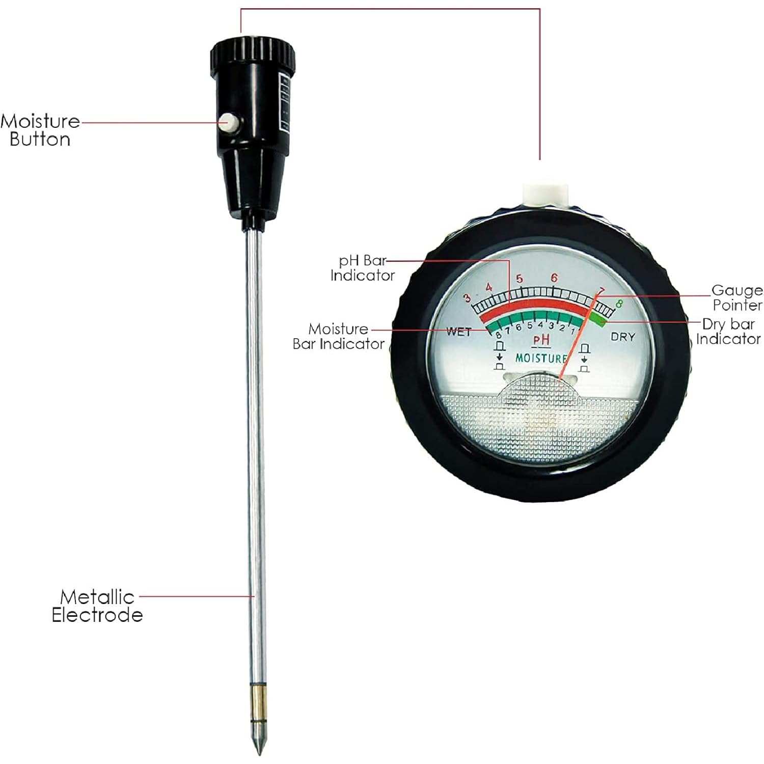 Testeur de sol professionnel, testeur de pH et d'humidité du sol, avec sonde à électrode métallique de 295 mm, haute précision, affichage numérique à cadran clair, favorise la santé des plantes, pour