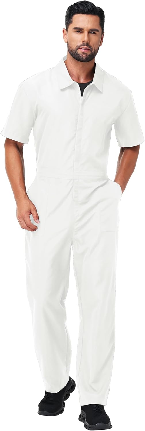 AOBUTE Men Halloween Mechanic Jumpsuit Short Sleeve Zipper Solid Color Coveralls