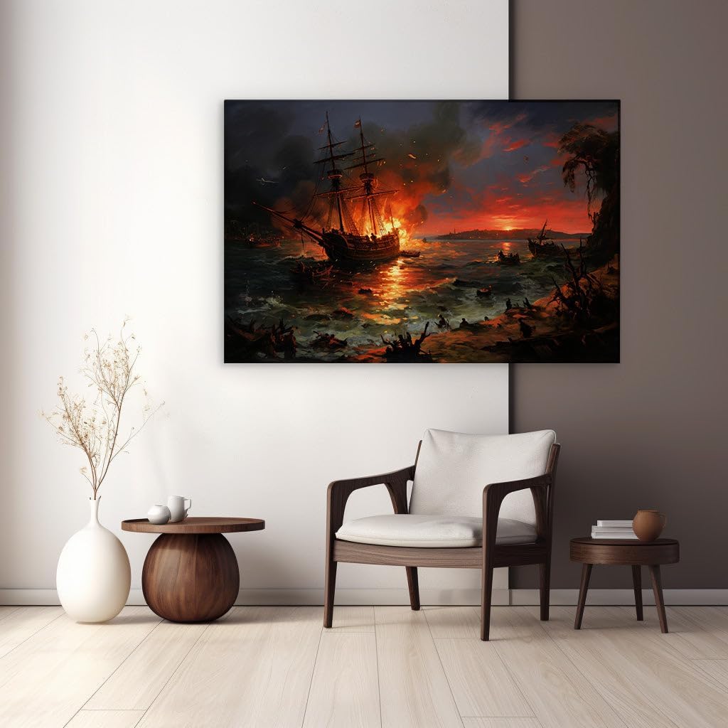 Canvas for Living room. Desperate Escape from a Fiery Fate at Sea, 27 x 18 inch Canvas Wall Art - Ready to Hang